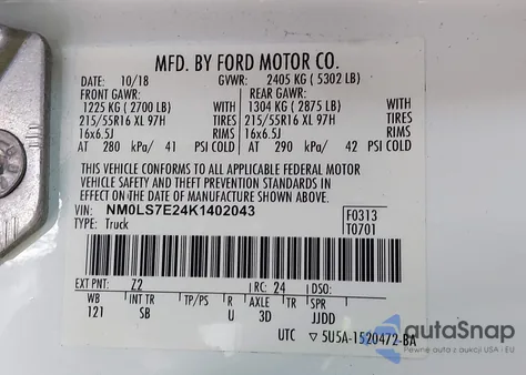 2019 Ford Transit Connect Xl z USA, uszkodzony, nr VIN NM0LS7E24K1402043